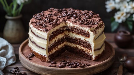 A realistic tiramisu cake with a slice cut out, showing the layers of coffee-soaked cake and creamy filling 