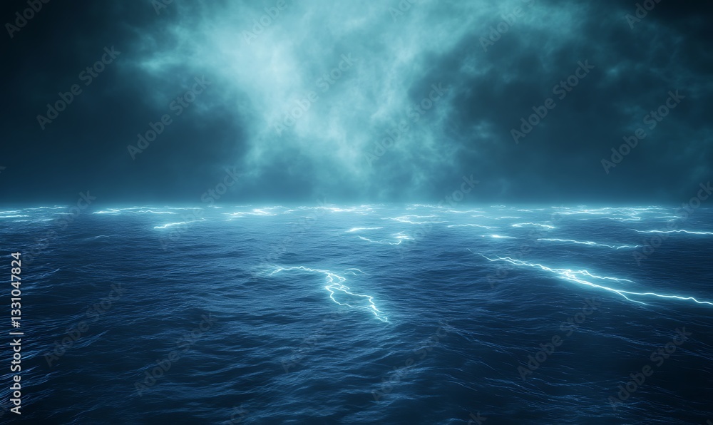 Poster mysterious ocean under swirling clouds illuminated by soft light.