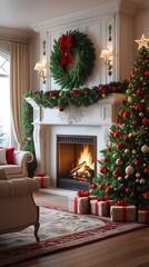 Elegant Christmas living room with glowing fireplace, decorated tree, wrapped gifts, and festive garlands creating a warm holiday atmosphere and cozy seasonal charm
