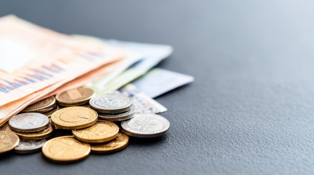 A close-up of currency notes and coins floating against fluctuating exchange rates graphs, symbolizing banking sector challenges. Ad copy area provided on the left.