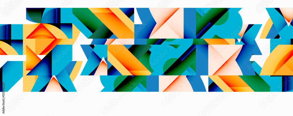 Poster abstract geometric composition with interlocking circular and angular shapes, featuring smooth gradi