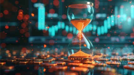 hourglass stands amidst a sea of data visualization, symbolizing time and its relationship to financial data, time to make a deal