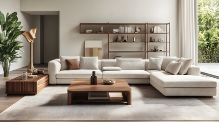Modern and stylish living room interior featuring a cozy sectional sofa, wooden furniture, and natural light.