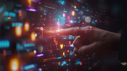 A futuristic hand touching a digital interface, showcasing cutting-edge technology and innovation. The hand is interacting with glowing digital elements.