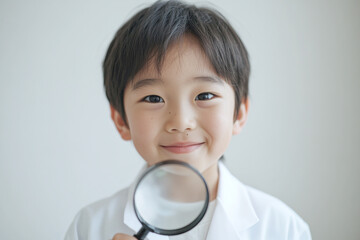 虫眼鏡を覗く白衣の男の子