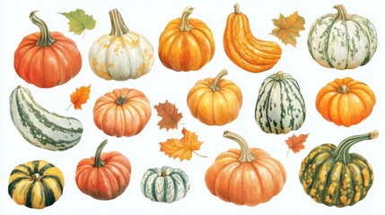 Set of simple autumn pumpkins, hand-drawn squash in warm natural fall colors isolated on white background