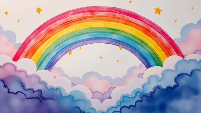  Gentle rainbow with soft pastel colors and white clouds
