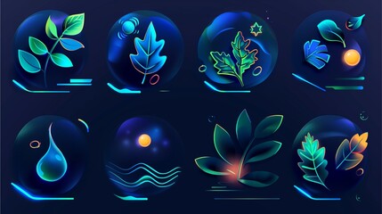 Eight leaves and botanical elements in glowing circles, a mesmerizing blend of nature and digital artistry. Each sphere showcases a unique plant-inspired design, creating an otherworldly.