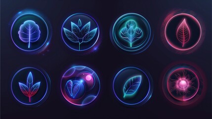 a set of vibrant glowing leaves inside circles, perfect for nature and technology themes