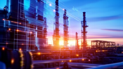 Obraz premium Industrial skyline at sunset with digital overlay, showcasing technology and energy production