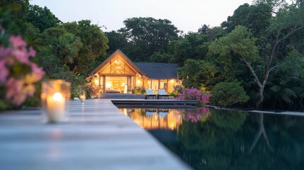 Fototapeta premium Luxurious Tropical Villa Sunset Pool and Tranquil Escape