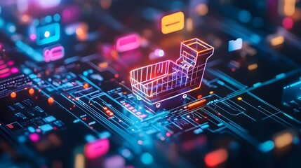 An abstract digital shopping cart over a vibrant circuit board background, illustrating online shopping and technology.