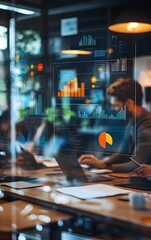 A focused business meeting with data analytics displayed on a screen, showcasing teamwork and modern technology in the workplace.