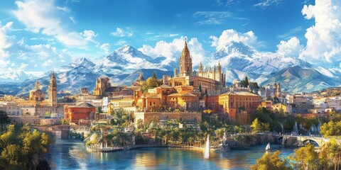 Obraz premium Scenic cityscape showcasing historical architecture nestled against snow capped mountains