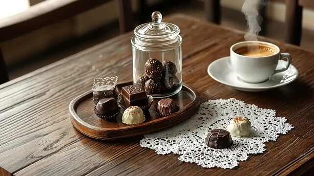 A cozy coffee scene featuring assorted chocolates on a wooden table with a steaming cup nearby