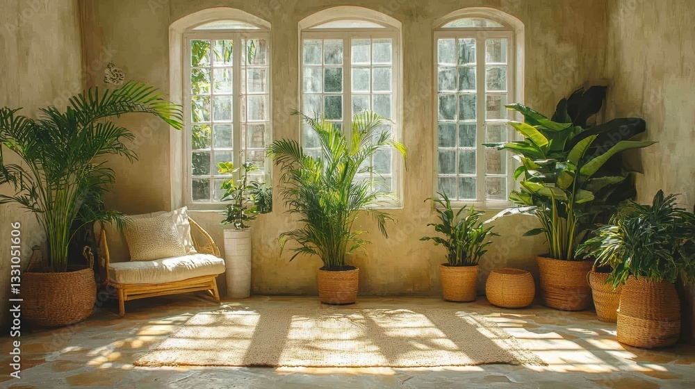Poster serene indoor sanctuary: sunlight streams through three arched windows, illuminating a tranquil inte