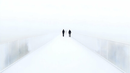 Two Silhouetted Figures Walking on a Misty White Pathway