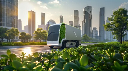 a futuristic eco-friendly garbage truck driving on a city road, with a vibrant green landscape and skyscrapers in the background. The scene showcases a modern approach to urban sustainability