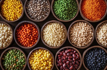 Colorful legumes in small bowls on a dark wood surface