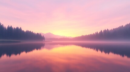 Fototapeta premium Serene lake at sunrise, surrounded by misty mountains and evergreen trees, reflecting soft pastel colors.