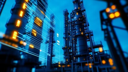 Obraz premium Industrial complex with illuminated structures and digital overlay at night under blue sky