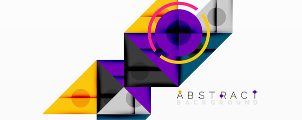Abstract geometric composition with intersecting triangles, circles, and gradients, creating a dynamic layered pattern with depth and contrast