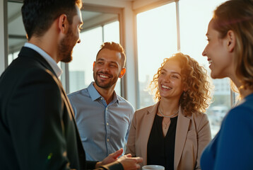 Group of four people engaged in a conversation in an office setting.