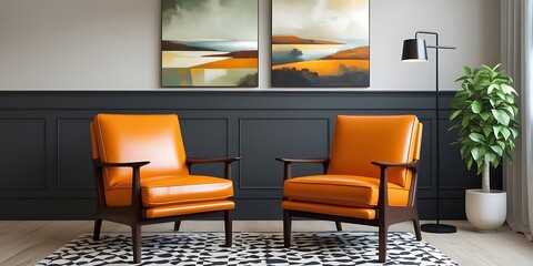 Fototapeta premium Stylish mid-century modern living space with two orange leather armchairs, abstract landscape paintings, a patterned rug, and elegant dark wood paneling for a cozy, sophisticated ambiance