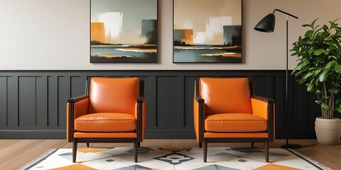Stylish mid-century modern living space with two orange leather armchairs, abstract landscape paintings, a patterned rug, and elegant dark wood paneling for a cozy, sophisticated ambiance

