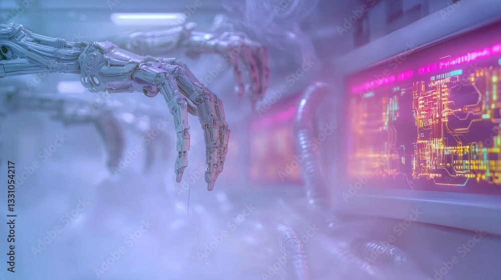 Poster futuristic lab robotic arms ai cyberspace data streams