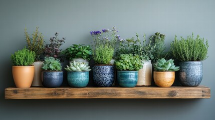 Green Oasis: A collection of vibrant potted plants, showcasing a variety of textures and hues, sits gracefully on a rustic wooden shelf, bringing the freshness of nature indoors. 