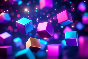 Colorful floating cubes in neon colors; dark background with bokeh lights; digital art; abstract design