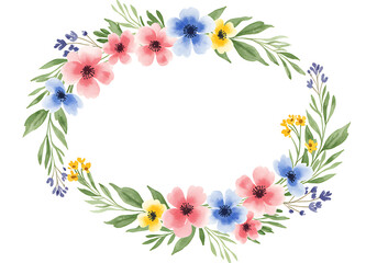 Elegant Watercolor Floral Wreath Design Pastel Pink Blue Yellow Flowers Botanical Illustration Spring Summer Wedding Invitation