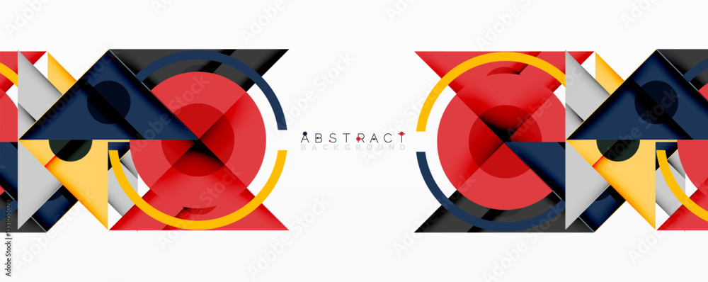 Poster abstract geometric composition with intersecting triangles, circles, and gradients, creating a dynam