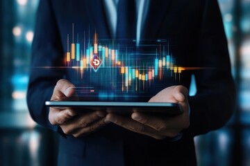 A 3D render of a tablet in a businessmanâ€™s hands, with a blockchain symbol and candlestick chart floating above, symbolizing digital asset management.
