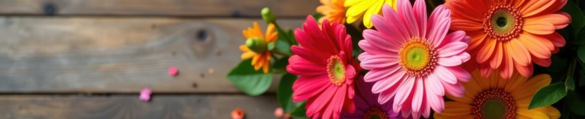 A colorful gerbera daisy bouquet on a wooden table, wood, flower bouquet