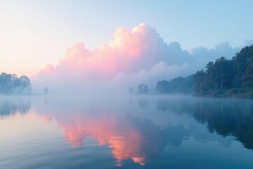 A cloud of pale blue and pink mist rising from a serene lake, calm, water, mist