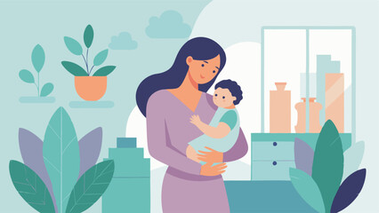 Happy Mother's Day! A heartwarming flat illustration of a mother gently cradling her newborn baby, surrounded by lush, modern indoor plants. Perfect for Mother's Day cards,        