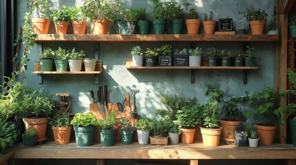 Green Oasis: A wall adorned with lush potted plants and vibrant greenery, bringing a sense of tranquility and natural beauty to any home or space.