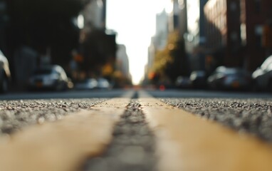 Obraz premium Low Angle View Of Double Yellow Lines On City Street At Sunset