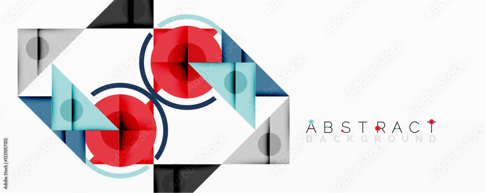 Poster Abstract geometric composition with overlapping triangles, circles, and gradients, featuring a central circular design with text