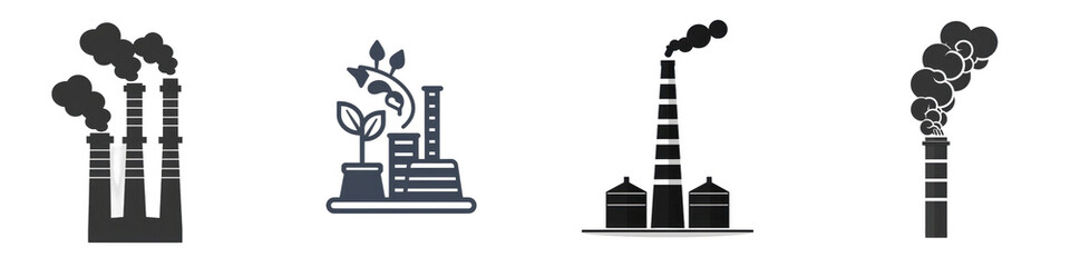 Four smoking industrial factory silhouettes in row against white background, illustrating environmental pollution isolated on white or transparent