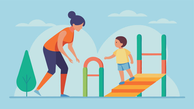 Happy Mother's Day: A loving mother guides her toddler through a vibrant, modern playground filled with joy, sunshine, and playful adventure. Perfect for cards, websites, and      