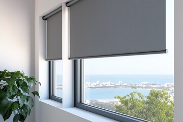 Modern interior with sleek gray roller blinds covering large windows overlooking a scenic ocean city view
