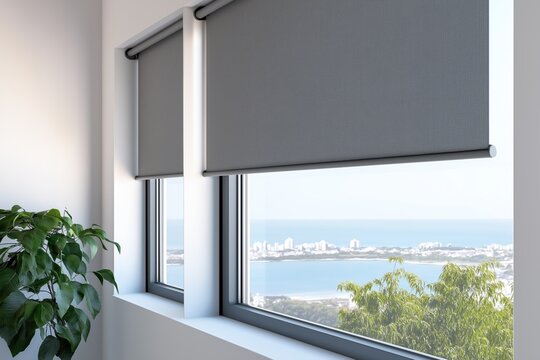 Fototapeta Modern interior with sleek gray roller blinds covering large windows overlooking a scenic ocean city view