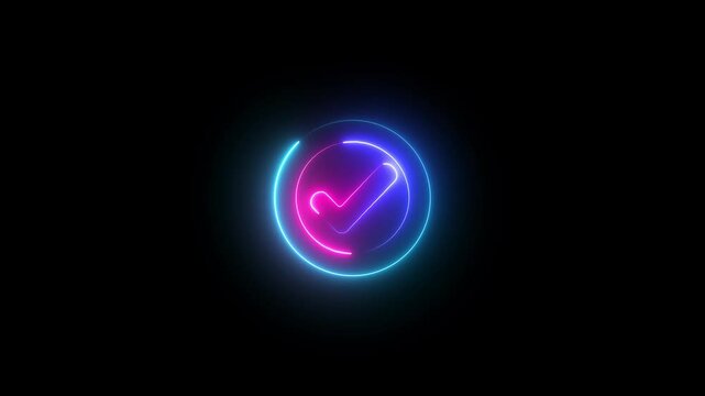 Beautiful black background of tick icon, Neon Adobe Stock logo, bright circular design, heart shape, modern technological feel