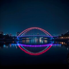 Fototapeta premium A stunning night view of a modern bridge reflecting in calm waters.