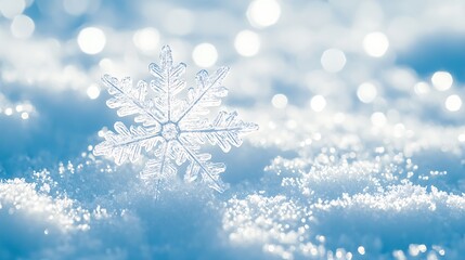 Detailed close-up of a delicate snowflake resting on soft snow with blurred winter background. Seasonal winter concept