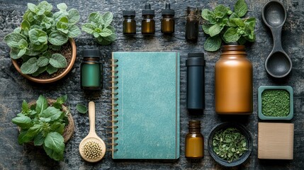 Wellness Toolkit: A top-down shot of a collection of herbs, oils, and apothecary supplies, suggesting a holistic approach to well-being. The scene is set on a rustic, textured surface.