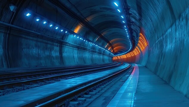 Fototapeta Illuminated tunnel railway tracks